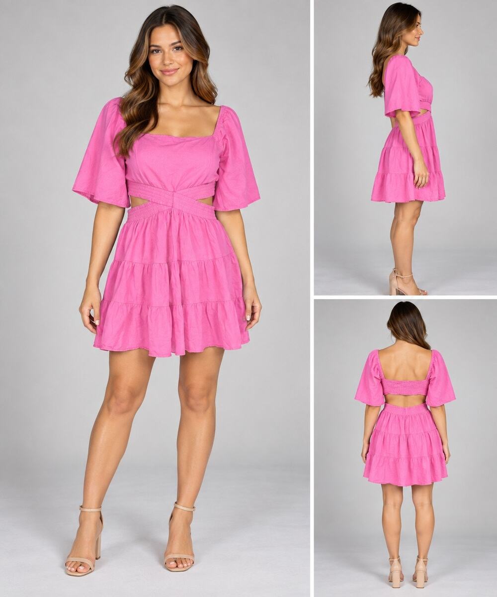 Shy Velvet Womens Mini Dress Cutout Crossover Waist Square Neck Pink Medium
